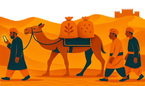 A spice caravan crossing the desert — a Silk Route trader scene